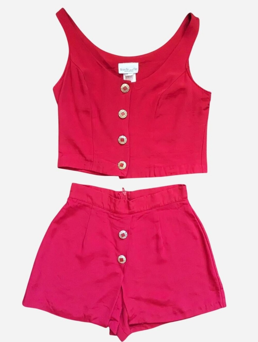rare vintage 1980s red button up shorts + tank top two piece set